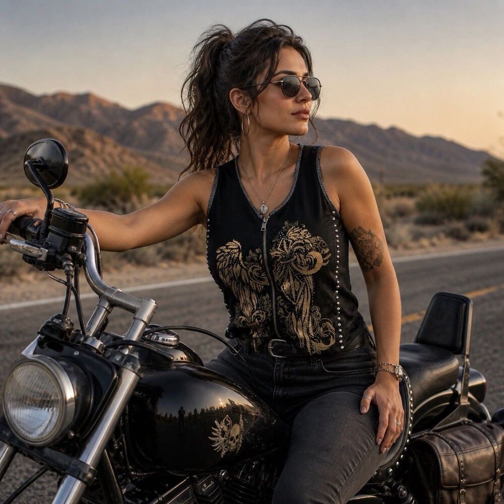 Black Rhinestone Vance Biker Wear Grunge Biker Tank Top-Zip Up-LARGE